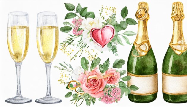 romantic wedding clipart bundle love valentine rings champagne digital watercolor png illustration