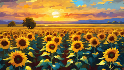 The oil painting sunflowers landscape eternal plains brush strokes. Digital illustration created with Generative AI