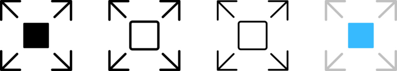 Player extension button icons. Different styles, ui design, video player extension buttons. Vector icons