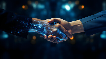 Businessmen making handshake with partner, greeting, dealing, merger and acquisition, business joint venture concept, for business, finance and investment background. Generative AI illustration  - obrazy, fototapety, plakaty