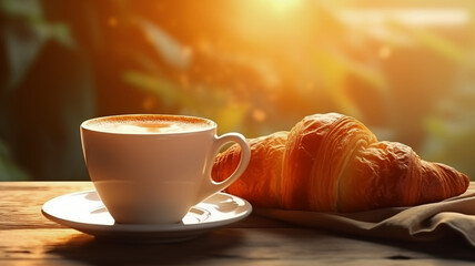 Hot coffee and croissant on wooden table in the sun's rays
