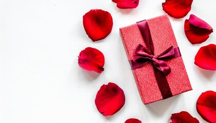 gift for valentine s day red gift box near red rose petals on white background top view copy space illustration