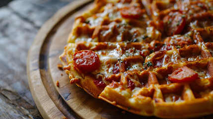 Homemade Pizza Waffle, a Trendy Breakthrough in Gourmet Cuisine. Generative AI - obrazy, fototapety, plakaty