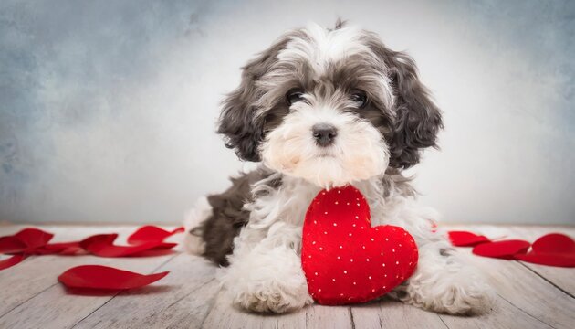valentine havanese puppy dog with a red heart illustration