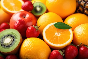 Assorted Fresh Fruits with Oranges, Strawberries, and Kiwi