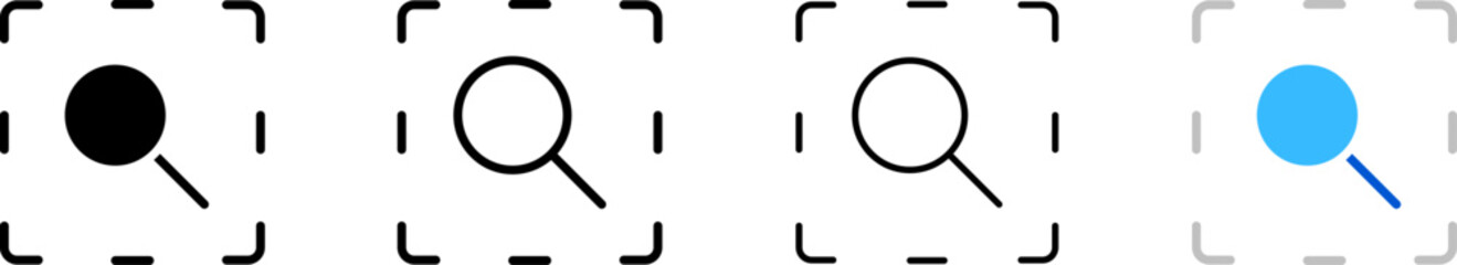 Magnifying glass in rectangle icons. Different styles, magnifying glass in a rectangle set of buttons. Vector icons