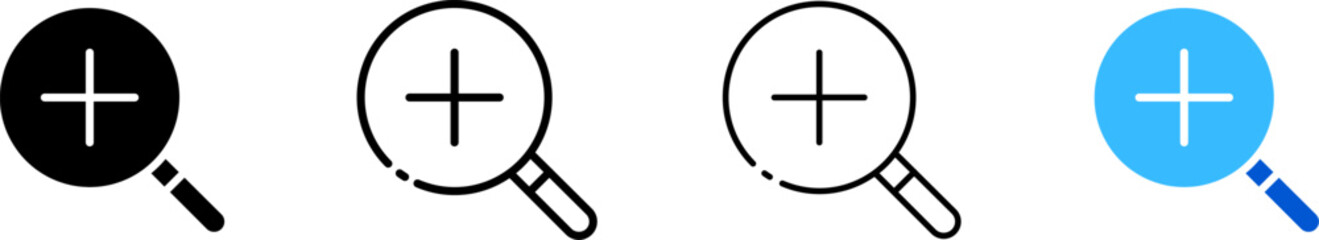 Plus there are icons inside the magnifying glass. Line, magnifying glass with plus inside design. Vector icons