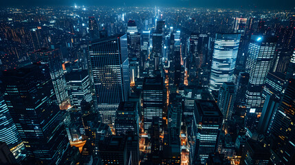 Fototapeta na wymiar Dark blue background the scene of high – rise buildings, the camera angle from above, the city at night, show distance, emotions. 
