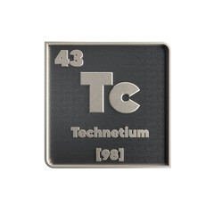 Techenetium chemical element black and metal icon with atomic mass and atomic number. 3d render illustration.