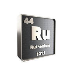 Ruthenium chemical element black and metal icon with atomic mass and atomic number. 3d render illustration.