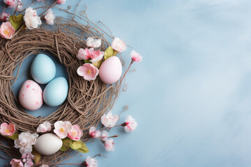 Pastel Easter Eggs in a Nest, Surrounded by Pink and White Flowers on a Pale Blue Background - Embracing Minimalism with Space for Your Text