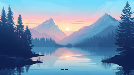 Mountains with beautiful lake and trees, vector color and line art illustration, crisp and clean vector line, flat colors, cell shading, smooth gradient, black contour outline, ultra detailed, pastel