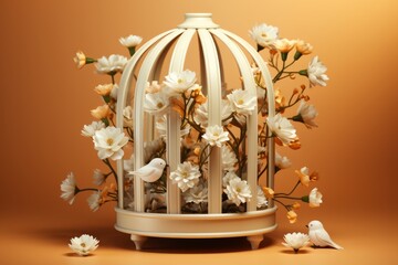 Romantic White Wedding Birdcage, on an isolated Honey Yellow background, Generative AI