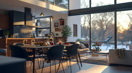 Ultra modern nordic interior, photo is shot from wide, 70mm lens, 32k, photorealistic, cinematic lighting, ultra high resolution, insane detail - obrazy, fototapety, plakaty