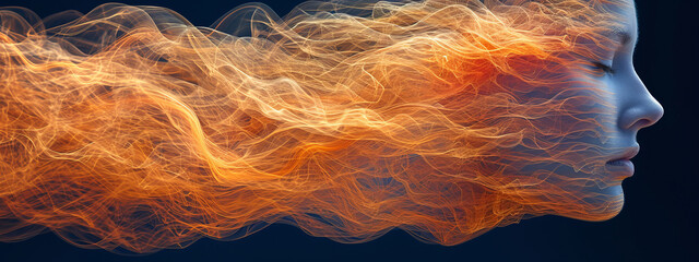 Ethereal Transcendence, A Visionary Fusion of Womans Face Amidst the Mesmerizing Dance of Orange and Yellow Smoke