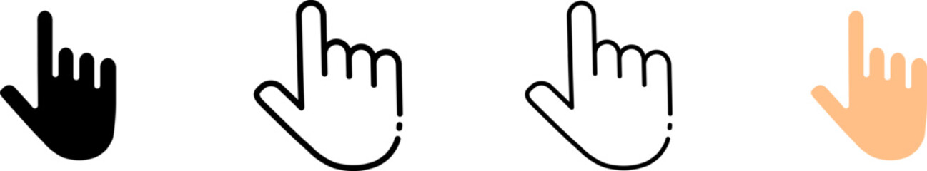 Hand index finger icons. Different styles, index finger. Vector icons