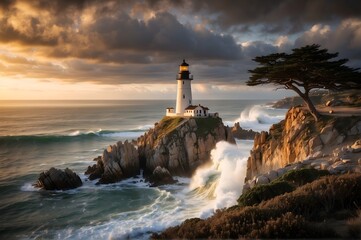 lighthouse at sunset - Powered by Adobe