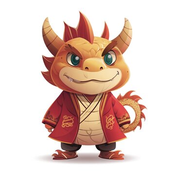 adorable dragon wearing red Chinese long robe style outfit, Chinese new year cartoon, isolated on white background , Generative Ai