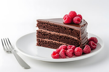 A piece of chocolate cake with raspberry isolated on  white background