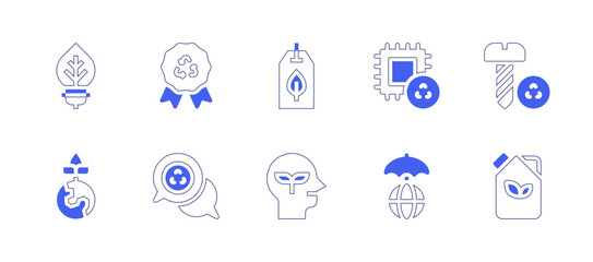 Ecology icon set. Duotone style line stroke and bold. Vector illustration. Containing light bulb, tag, mother earth day, ecologist, badge, recycling, fuel, world.