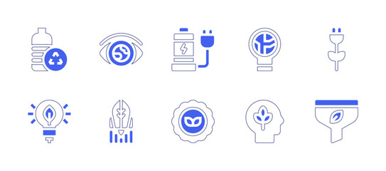 Ecology icon set. Duotone style line stroke and bold. Vector illustration. Containing plastic, plug, electric station, idea, filter, bio, eye, earth, responsible, head.