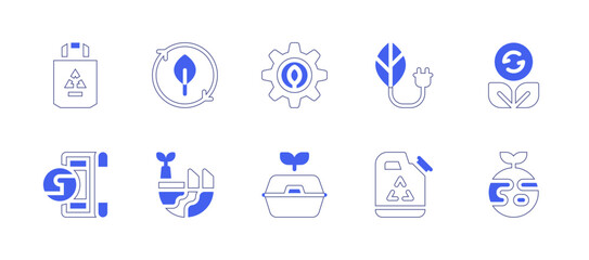 Ecology icon set. Duotone style line stroke and bold. Vector illustration. Containing renewable, gear, agreement, food container, bio, recycling, green energy, manufacturing, green earth, recycle.