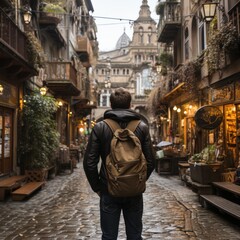 Photo of a traveler back from behind with a backpack exploring a foreign city. Generative AI