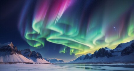 Fototapeta premium A captivating display of the Northern Lights dancing over a snowy landscape, with vibrant streaks of colors illuminating the starry night sky - Generative AI