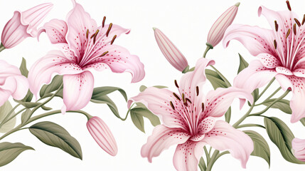 Vintage flowers pattern with pink lilies isolated