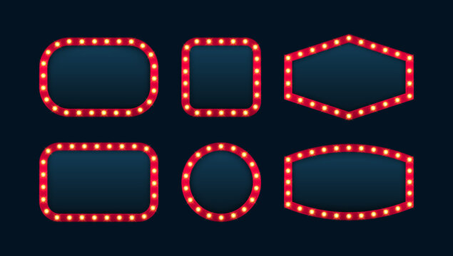 Set different shape retro bulb frame. Lightbox billboard with empty place for text isolated on dark background. Banner space for advertisement, promotion and text. Vector illustration