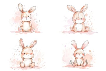  watercolor cartoon illustration collection set, cute baby animals, isolated on white background, idea for sticker and junk journal clipart, rabbit, bunny, hare, Generative Ai