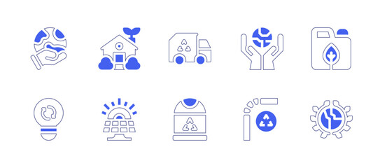 Ecology icon set. Duotone style line stroke and bold. Vector illustration. Containing eco home, hand, light, recycling truck, recycle, recycle bin, earth, green energy, world, solar panel.