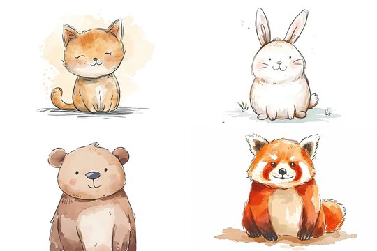  watercolor cartoon illustration collection set, cute baby animals, isolated on white background, idea for sticker and junk journal clipart, rabbit, fox, cat, bear, Generative Ai
