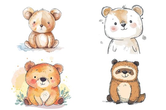  watercolor cartoon illustration collection set, cute baby animals, isolated on white background, idea for sticker and junk journal clipart, bear, raccoon, Generative Ai