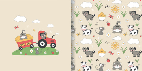 A children's drawing with a tractor and cute pets. Seamless background, cute vector texture for baby bedding, fabric, wallpaper, wrapping paper, textiles and more © Alyona 