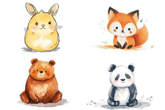  watercolor cartoon illustration collection set, cute baby animals, isolated on white background, idea for sticker and junk journal clipart, fox, rabbit, bear, panda, Generative Ai