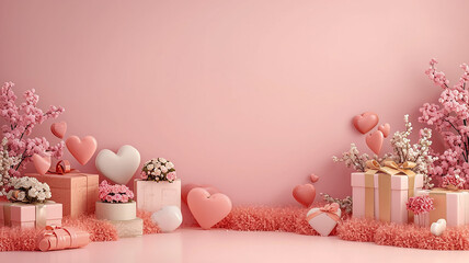 Valentines day Background with copy space for text 3d love, heart and tiny flower blank space for text