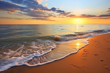 Golden Sunrise over Gentle Waves on Sandy Beach