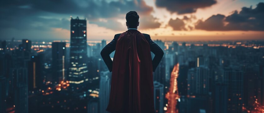A Cityscape Engages A Superhero Businessman In A Moment Of Contemplation. Сoncept Cityscape Photo, Superhero Businessman, Moment Of Contemplation