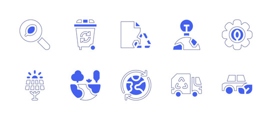 Ecology icon set. Duotone style line stroke and bold. Vector illustration. Containing paper, save the planet, solar panel, car, search, settings, recycle bin, energy consumption, world, garbage truck.