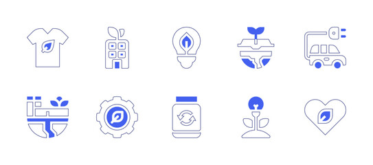 Ecology icon set. Duotone style line stroke and bold. Vector illustration. Containing building, gear, eco, factory, renewable energy, recycling, book, bio energy, electric car, love.