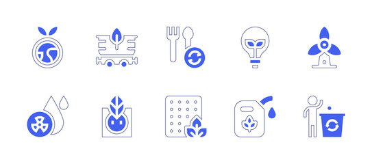 Ecology icon set. Duotone style line stroke and bold. Vector illustration. Containing light bulb, biofuel, world vegetarian day, windmill, cutlery, waste water, recycling, latex, coal, plug.