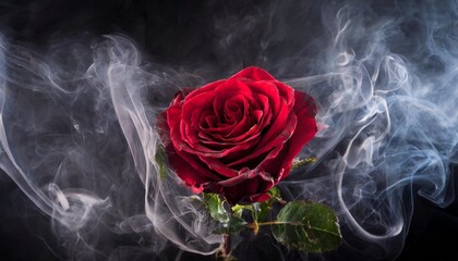 red rose wrapped in smoke swirl on black background illustration