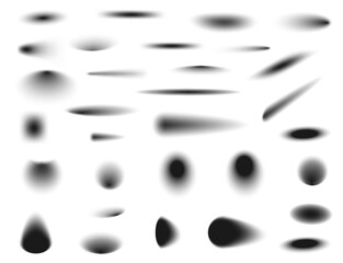 Round long and short shadow effect, isolated realistic shade from circular objects at different angles and sides. Vector soft shadowing overlay on surface, blurred black contour of shape