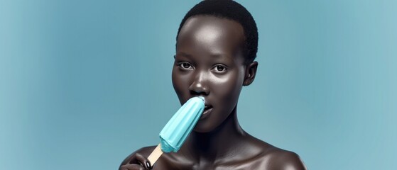 African Yearold Woman Eats Mint Chocolate Chip Ice Cream On Turquoise Background. Сoncept African Woman, Mint Chocolate Chip Ice Cream, Turquoise Background, Ice Cream Lover, Joyful Indulgence - obrazy, fototapety, plakaty