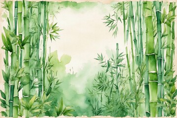 Fototapeta na wymiar watercolor bamboo forest on aged paper with delicate blooms, note paper, perfect for invitations, cards, greetings,
