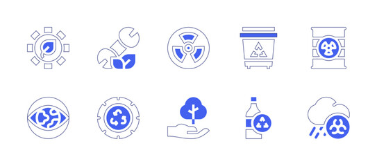 Ecology icon set. Duotone style line stroke and bold. Vector illustration. Containing gear, vision, recycle bin, glass bottle, maintenance, tire, nuclear, tree, acid rain.