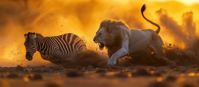 Strong and big lion hunting zebra. Survival and balance in nature concept. Freedom concept