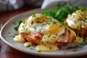 Eggs benedict on a plate, tasty food