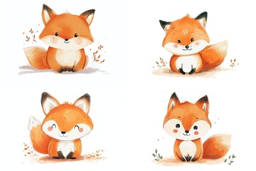 watercolor cartoon illustration collection set, cute baby animals, isolated on white background, idea for sticker and junk journal clipart, red fox, Generative Ai